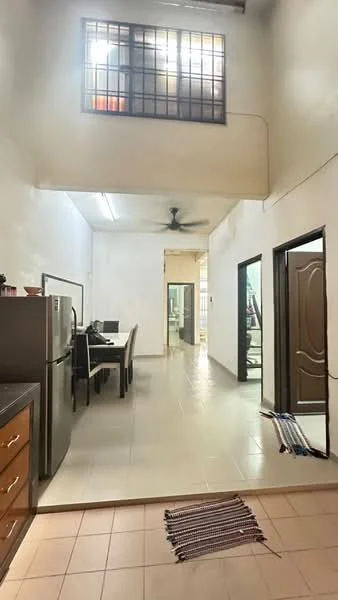 Room features: white painted walls, tile flooring, 5-blade ceiling fan, large windows with grid pattern, dining table with chairs, refrigerator, open layout, doorway leading to another room; style: modern.