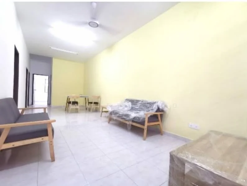 Living features: light yellow painted walls, white tiled flooring, 2-seater grey fabric sofa, 2-seater wooden sofa, wooden coffee table, ceiling fan, recessed ceiling lights, dining table with chairs, large windows, open layout; style: modern.
