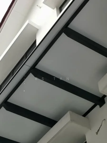Exterior features: exposed beams, white ceiling, black structural supports; style: modern.