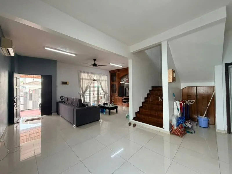 Living features: white painted walls, polished ceramic tile flooring, 5-blade ceiling fan with light, sofa in grey, coffee table, wall-mounted TV, area rug, floor-to-ceiling windows with sheer curtains, air conditioning unit; style: modern. Staircase features: wooden staircase, wood paneling on wall; style: modern.