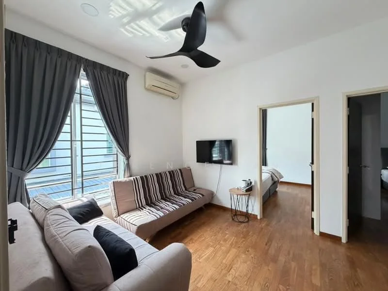 Living features: 3-seater fabric sofa in beige, 2-seater fabric sofa with striped pattern, wooden coffee table, wall-mounted TV, floor-to-ceiling windows, grey curtains, wooden flooring, 1 wall-mounted split AC, ceiling fan with light; style: modern. Room features: doorway leading to another room, doorway leading to bathroom, light-colored walls.