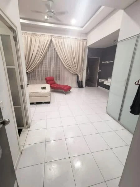 Room features: white tiled flooring, tray ceiling, ceiling fan, large windows with sheer curtains, red chaise lounge, white bed frame, glass sliding door, wall-mounted sink, dark accent wall, decorative wall paneling; style: modern.