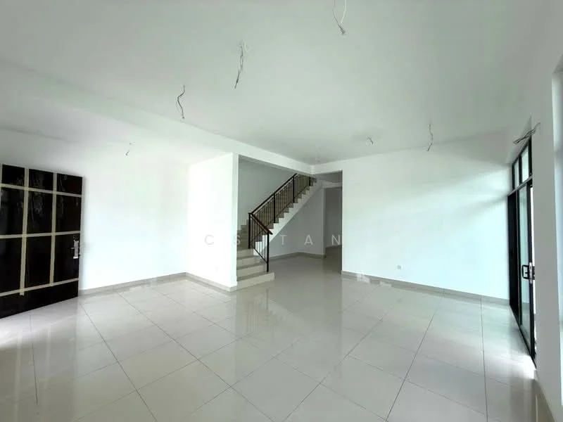 Room features: white painted walls, polished ceramic tile flooring, staircase with metal railing, large windows, high ceiling, no visible furniture, open layout, natural light; style: modern.