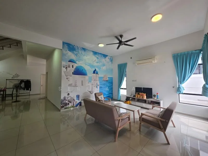 Living features: white painted walls, grey tiled flooring, 5-blade ceiling fan with light, large windows with sheer curtains, sofa with wooden frame, coffee table, decorative wall mural with blue domes and sea view, air conditioning unit; style: modern; view: city. Room features: white painted walls, grey tiled flooring.