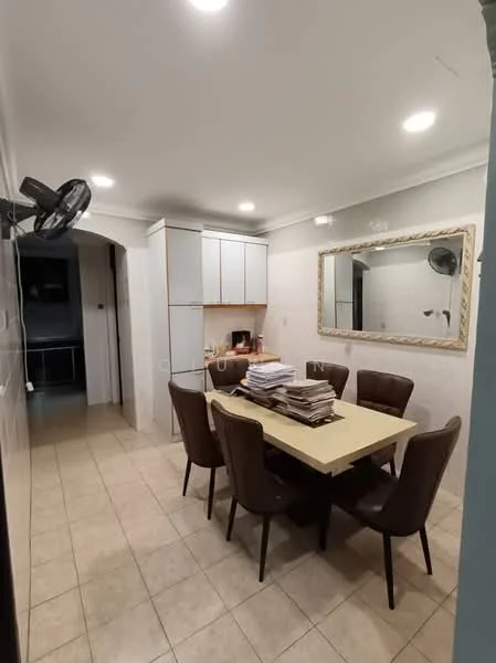 Dining features: rectangular dining table, 6 upholstered dining chairs in brown, framed mirror on wall, white cabinetry, kitchenette area visible, recessed LED downlights, cream tiled flooring, wall-mounted ceiling fan; style: modern.