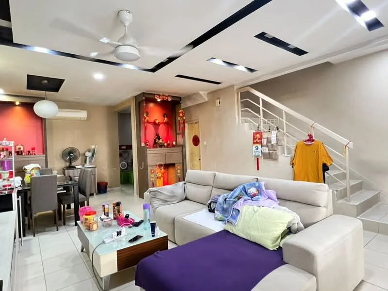 Living features: 5-blade ceiling fan with light, sofa in light grey fabric, coffee table with glass top, wall-mounted TV, decorative wall with red accents, recessed ceiling lights, tile flooring, open layout to dining area, decorative items on shelves, area rug with geometric pattern; style: modern. Dining features: dining table with grey chairs, wall-mounted fan, decorative items on display, tile flooring; style: modern.