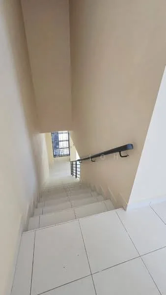 Room features: white walls, light-colored tiled flooring, handrail on staircase, staircase with steps, natural light from window, neutral color scheme; style: modern.