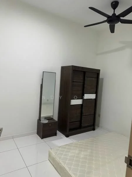 Bedroom features: white painted walls, white tiled flooring, 5-blade ceiling fan, wooden wardrobe, full-length mirror, nightstand, unmade mattress.