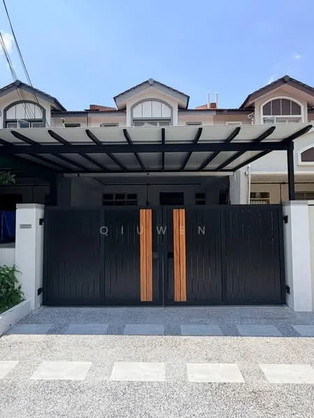 Exterior type: linked terrace house; features: black metal gate with wooden accents, car porch with roof, stone-paved driveway, white painted facade, gabled roof, multiple windows, front garden area with greenery; style: modern.