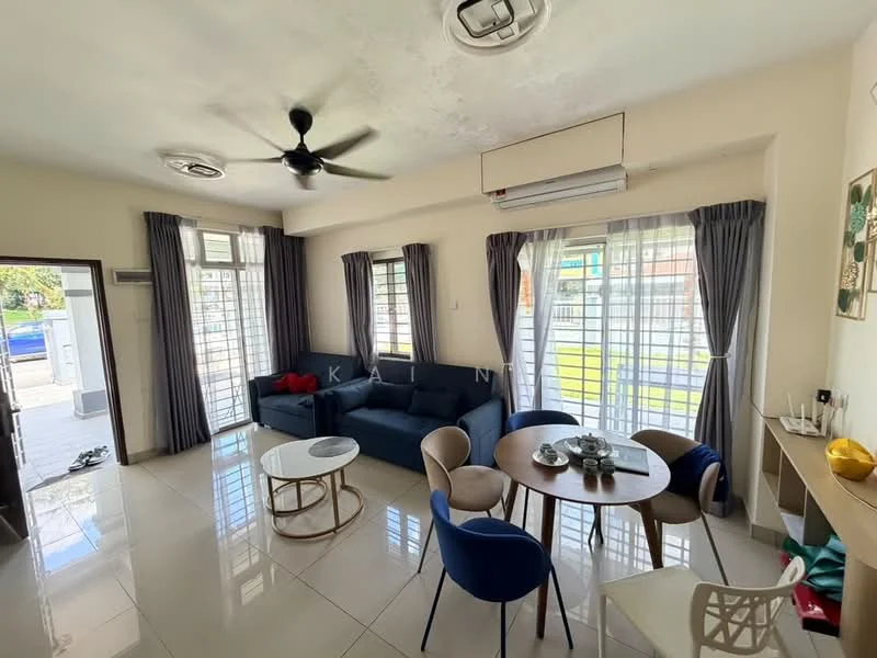 Living features: 5-blade ceiling fan with light, wall-mounted split AC, floor-to-ceiling windows, grey fabric sofa, round coffee table with metal base, 6-seater dining table, upholstered dining chairs in blue and cream, white painted walls, glossy tile flooring, curtains in grey, decorative wall art; style: modern; view: garden.