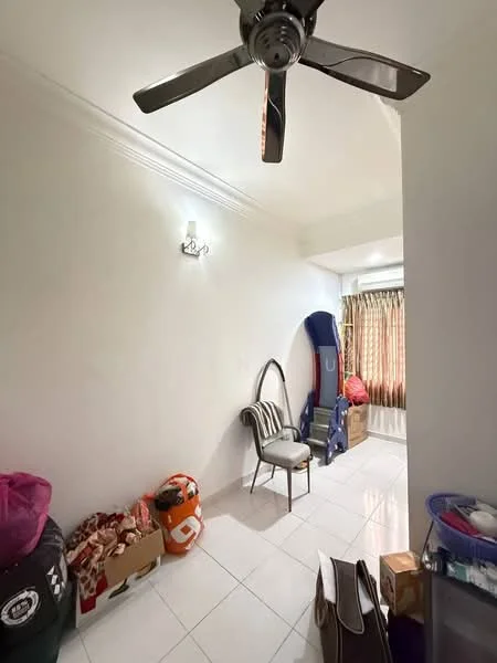 Room features: white painted walls, glossy tile flooring, 5-blade ceiling fan, wall-mounted light fixture, curtains with vertical stripes, stacked boxes, chair, decorative items in bags.