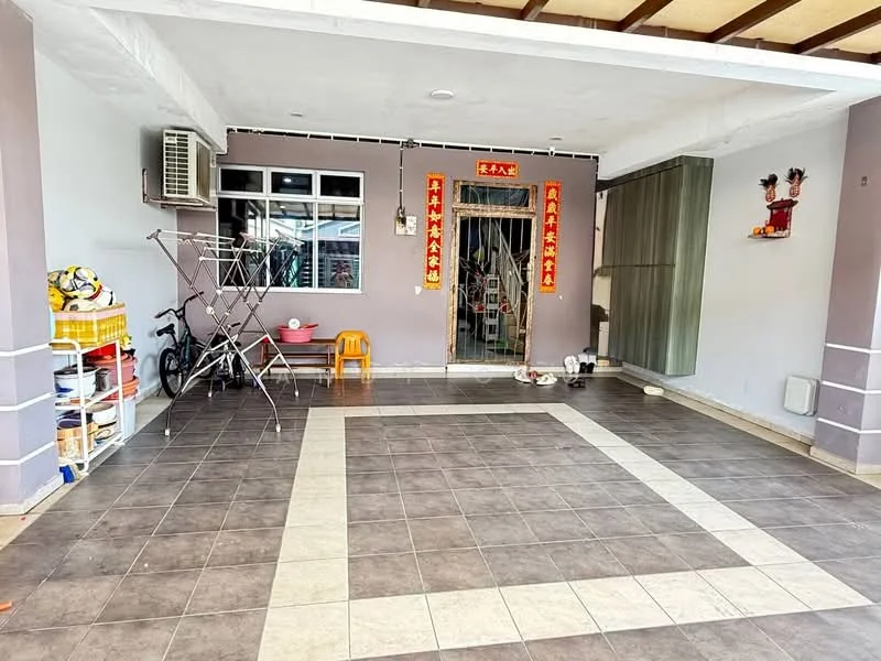 Room features: grey painted walls, white ceiling, ceramic tile flooring in grey and cream, wall-mounted split AC, large window with grid pattern, metal security door, bicycle, folding drying rack, yellow plastic chair, decorative wall art, open space layout; style: modern.