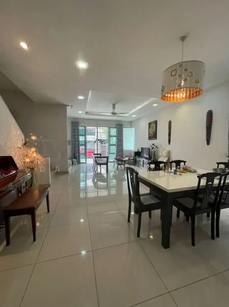 Dining features: white walls, glossy tile flooring, 5-blade ceiling fan with light, chandelier with decorative elements, dining table with black legs and white top, black dining chairs, decorative wall art, large windows with sheer curtains, open layout to living area; style: modern. Living features: white walls, glossy tile flooring, large windows with sheer curtains, sofa, coffee table, TV console, decorative wall art, open layout to dining area; style: modern.