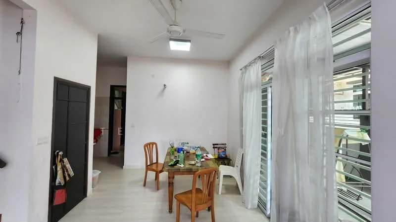 Room features: white painted walls, light wood flooring, 5-blade ceiling fan with light, dining table with four chairs, sliding glass door, sheer curtains, plastic chair, various items on the table; style: modern.