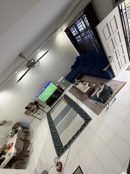 Living features: 3-seater fabric sofa in blue, coffee table, TV console, wall-mounted TV, area rug with geometric pattern, ceiling fan with light, white painted walls, tile flooring, large window with sheer curtains, decorative mirror; style: modern.
