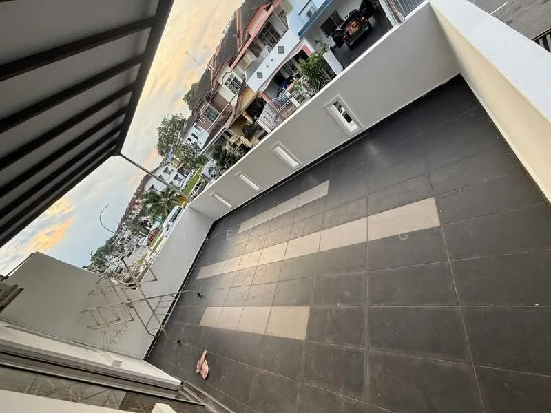 Room features: large balcony, grey tiled flooring, white walls, metal railing, overhead roof, outdoor space, view of surrounding houses, sliding glass door access; style: modern; view: residential.