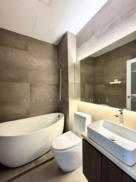Bathroom features: freestanding bathtub, one-piece toilet, single-sink vanity with wood cabinet, chrome basin mixer faucet, framed mirror, tile cladding on walls, grey tile flooring, recessed downlights; style: modern.