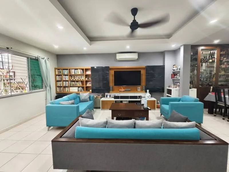 Living features: 4-seater turquoise fabric sofa, 2-seater turquoise fabric sofa, wooden coffee table, wall-mounted TV, black feature wall, built-in shelving unit with books, recessed ceiling lights, ceiling fan, white painted walls, tile flooring, large windows with metal grilles, decorative items on shelves; style: modern; view: garden.