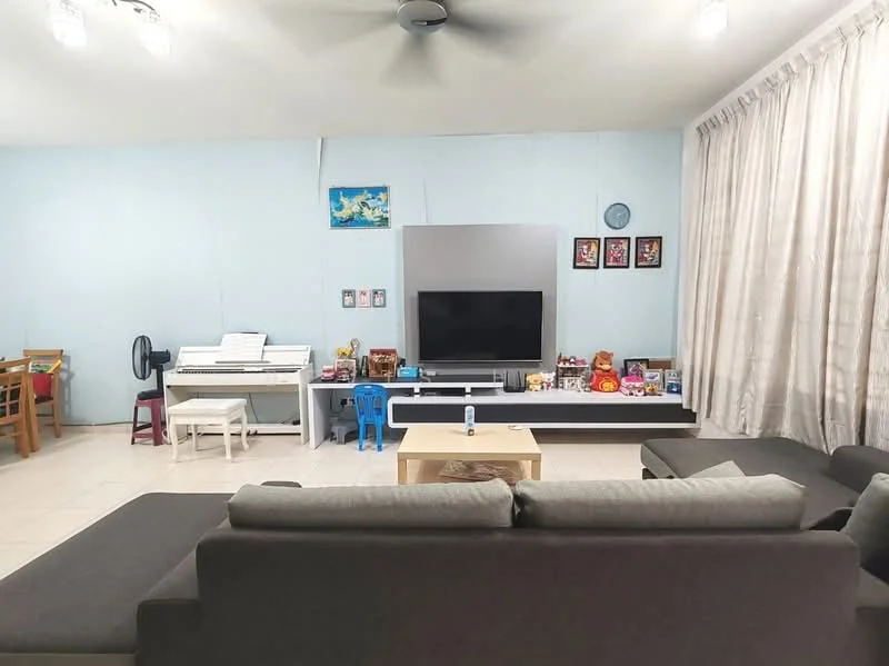 Living features: light blue painted walls, ceramic tile flooring, 5-blade ceiling fan, wall-mounted TV, TV console in white, coffee table in light wood, grey fabric sectional sofa, decorative wall art, curtains in cream, piano in white, dining table with chairs, decorative items on console; style: contemporary.