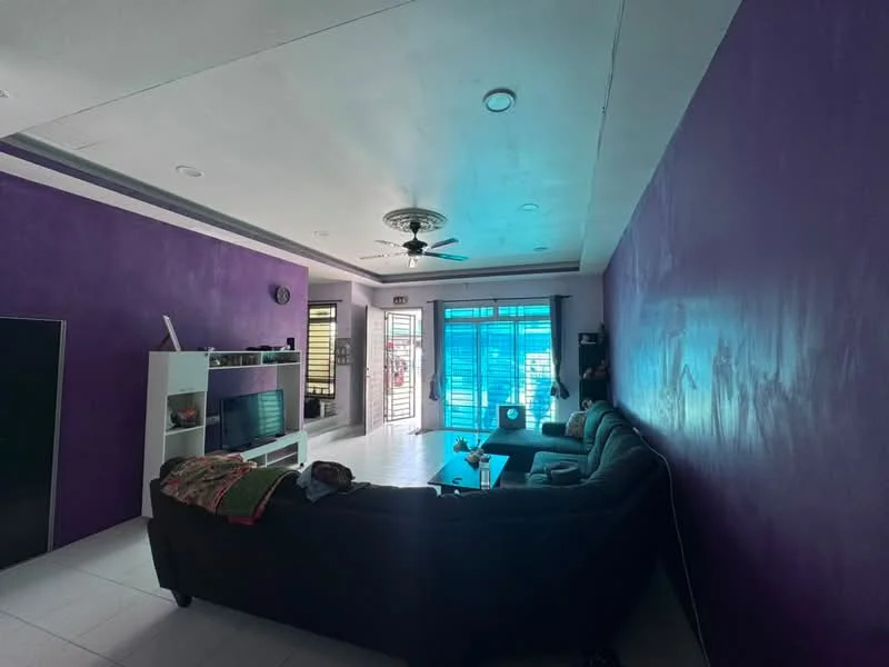 Living features: purple painted walls, white ceiling, 5-blade ceiling fan with light, large sliding glass door, floor-to-ceiling windows, white tiled flooring, dark fabric sectional sofa, coffee table, TV console, decorative wall art, natural light from windows; style: modern; view: courtyard.
