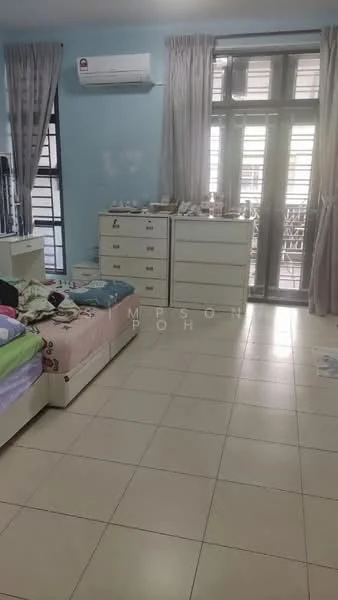 Bedroom features: light blue painted walls, cream tiled flooring, 1 wall-mounted split AC, 2 white dressers, 1 pink bed with bedding, 1 white bed with bedding, floor-to-ceiling windows, sheer curtains, balcony door, decorative items on dressers, area rug, bedside table.