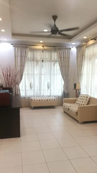Living features: cream painted walls, white ceiling with recessed lighting, 5-blade ceiling fan with light, floor-to-ceiling windows, sheer curtains, beige sofa with patterned upholstery, decorative bench with cushion, tile flooring, decorative plant in vase, lamp on side table; style: modern.