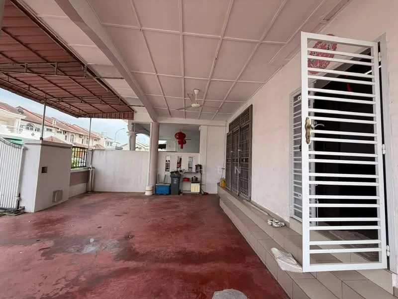Room features: red painted flooring, white walls, ceiling fan, sliding door, open space, covered roof, outdoor area, wall-mounted storage, utility area.
