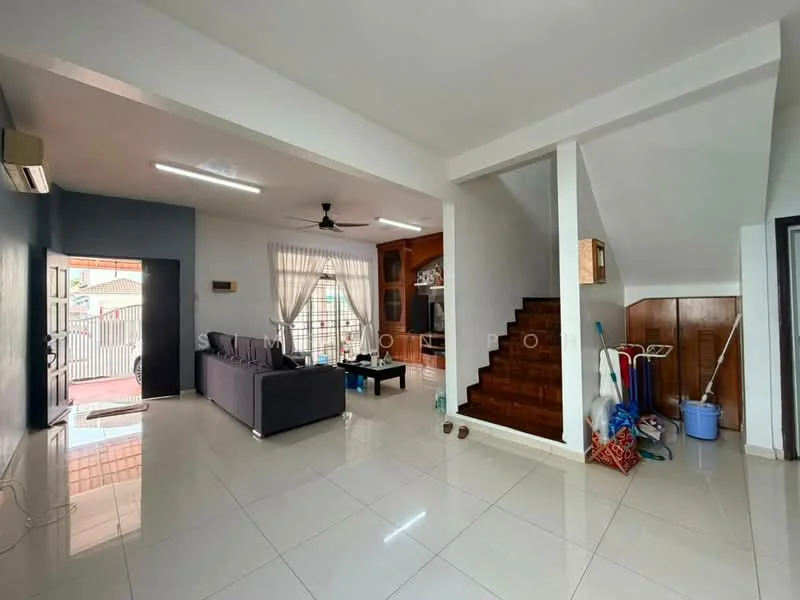 Living features: grey fabric sofa, coffee table, wall-mounted TV, ceiling fan, white painted walls, glossy ceramic tile flooring, large window with sheer curtains, air conditioning unit, decorative wall shelving; style: modern. Room features: staircase with wooden steps, wooden paneling, clean white walls, clean white ceiling.