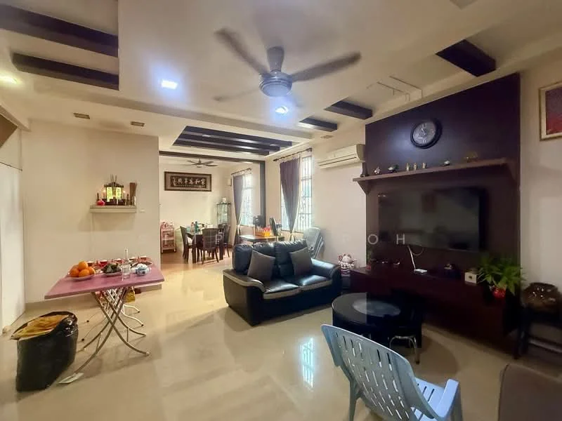 Living features: 3-seater fabric sofa in black, coffee table, wall-mounted TV, entertainment unit, ceiling fan with light, recessed downlights, cream painted walls, marble flooring, decorative wall clock, window treatments, area rug, decorative plants; style: modern. Dining features: 6-seater dining table, wooden dining chairs, decorative wall art, window with sheer curtains; style: modern.