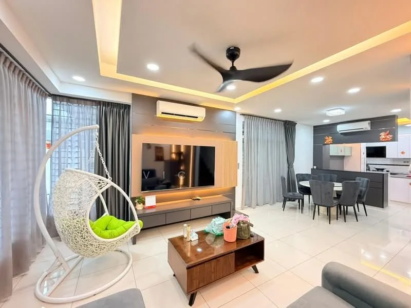 Living features: 5-blade ceiling fan with light, wall-mounted TV, floating TV console, coffee table with wooden legs, grey fabric sofa, hanging egg chair with green cushion, dining table with 4 upholstered chairs, recessed ceiling lights, white tiled flooring, curtains in grey, air conditioning unit, decorative wall paneling; style: modern.