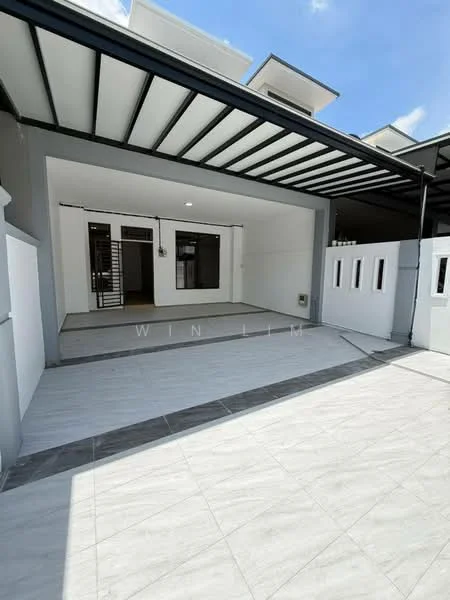 Exterior type: linked terrace house; features: grey painted facade, flat roof, manicured lawn, stone-paved walkway, covered porch area, large windows, white boundary wall, sliding glass door, outdoor lighting, modern architectural design; style: modern.