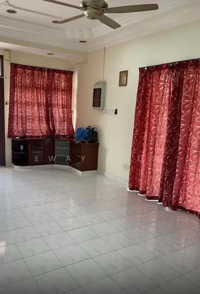 Living features: white tiled flooring, red patterned curtains, ceiling fan, wooden cabinet, wall-mounted air conditioning unit, neutral painted walls, large windows, corner seating area.