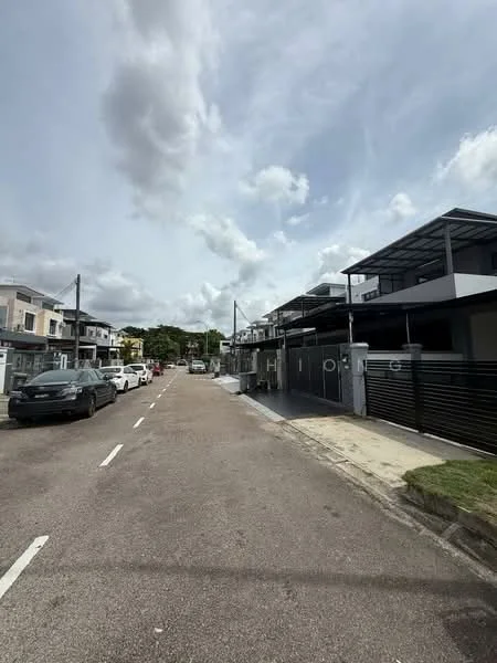 Exterior type: linked terrace house; features: two-storey houses, modern architectural design, flat roof, glass railings on balconies, driveway with interlocking pavers, manicured front lawns, street view with parked cars, surrounded by greenery, paved walkway, visible street lighting; style: modern.