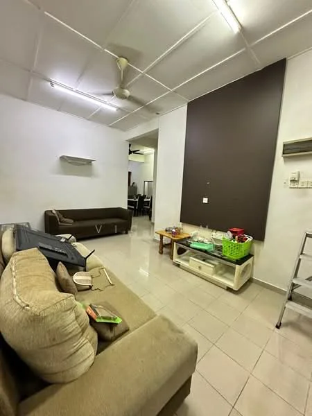 Living features: cream painted walls, grey accent wall, tile flooring, 5-blade ceiling fan, sofa in beige, coffee table, wall-mounted air conditioning unit, open layout to dining area; style: modern.