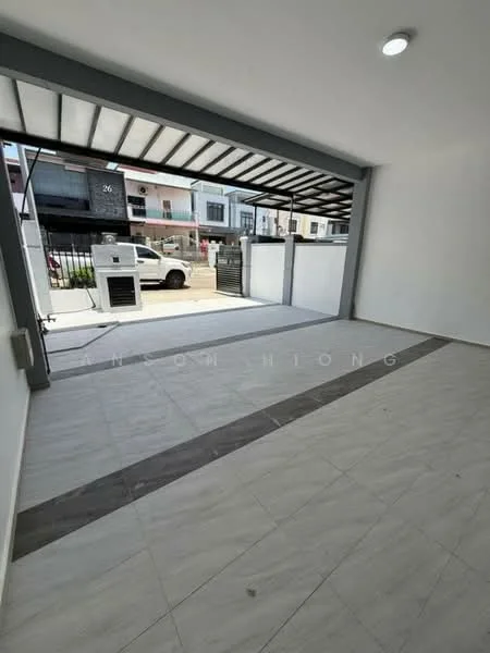 Exterior type: linked terrace house; features: covered car porch, grey metal roof, white painted walls, tiled flooring, manicured lawn, driveway with interlocking pavers, security gate, surrounded by residential buildings; style: modern.
