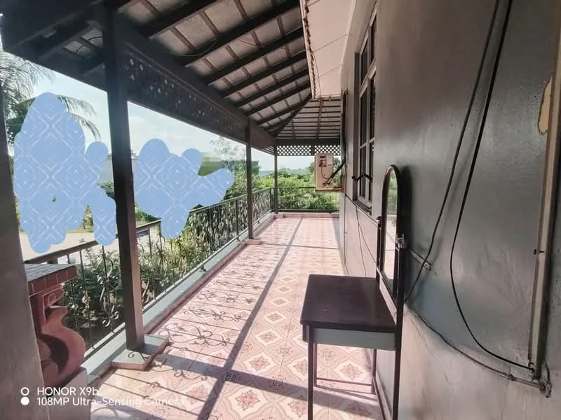 Room features: covered balcony, tile flooring with geometric pattern, metal railing, wooden ceiling, outdoor view, mirror, chair; view: garden.