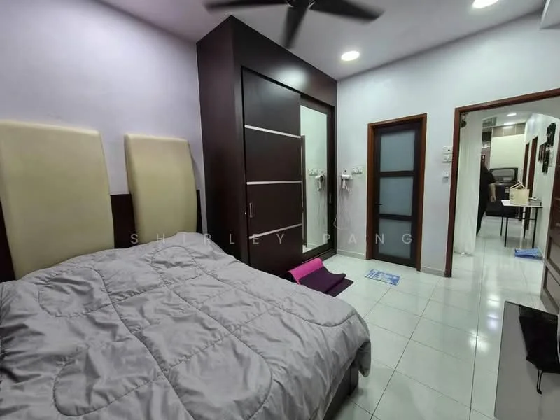 Bedroom features: queen-size bed with grey bedding, upholstered headboard, built-in wardrobe with sliding doors, white walls, tile flooring, ceiling fan, wall-mounted mirror, door leading to bathroom, door leading to hallway, decorative wall light; style: modern.