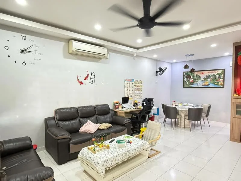 Living features: 5-blade ceiling fan with light, wall-mounted split AC, white painted walls, glossy white tile flooring, 3-seater leather sofa in dark brown, 2-seater fabric sofa in beige, coffee table with decorative items, TV console with wall-mounted TV, dining table with 4 upholstered chairs, decorative wall clock, framed artwork on wall, open shelving with decorative items; style: modern.