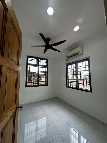 Room features: white painted walls, glossy ceramic tile flooring, 5-blade ceiling fan with light, 2 wall-mounted split AC units, double-hung windows with black grills, natural light from windows, neutral color scheme, no visible furniture; style: modern; view: courtyard.
