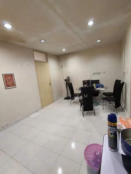Dining features: white painted walls, ceiling with recessed downlights, white tiled flooring, round dining table, 4 black dining chairs, wall-mounted fan, door leading to another room, decorative wall art, clean and minimal decor; style: modern.