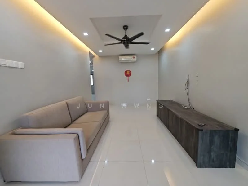 Living features: 3-seater fabric sofa in beige, wall-mounted TV console in dark wood, recessed LED downlights, 5-blade ceiling fan with light, white painted walls, glossy white tile flooring, air conditioning unit, decorative wall art; style: modern.