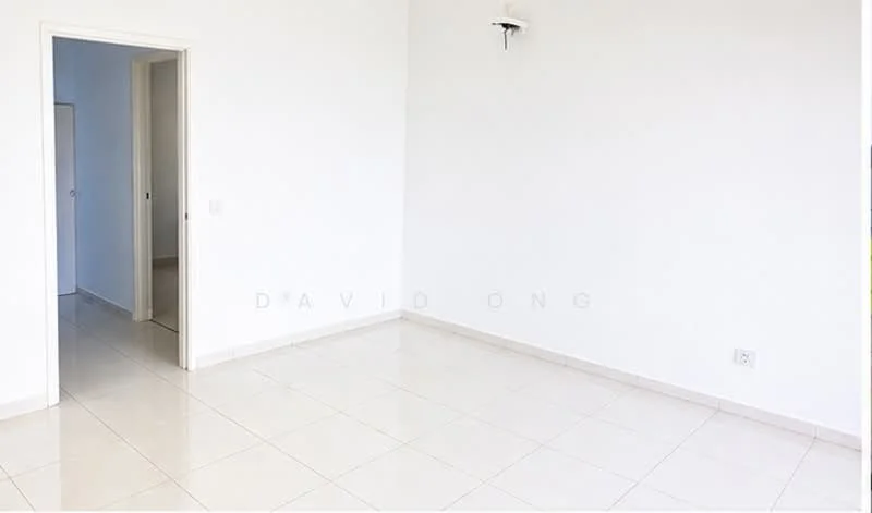 Room features: white painted walls, tile flooring, single ceiling light fixture, doorway leading to another room, neutral color scheme, no visible furniture, large open space, natural light from doorway; style: minimalist.