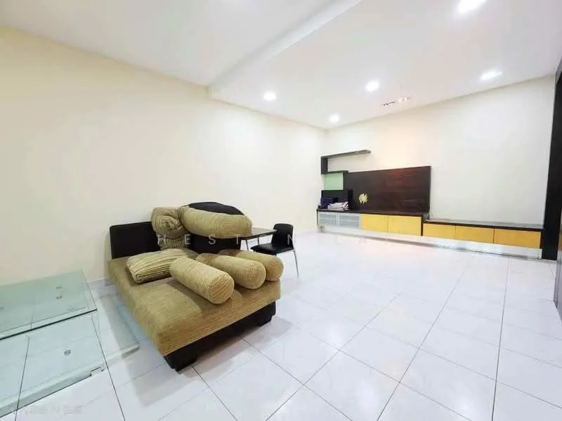 Living features: cream painted walls, white ceiling, glossy white tile flooring, L-shape sectional sofa in beige, decorative cushions, glass coffee table, TV console with storage, black feature wall, built-in cabinetry with wooden finish, recessed lighting; style: modern.