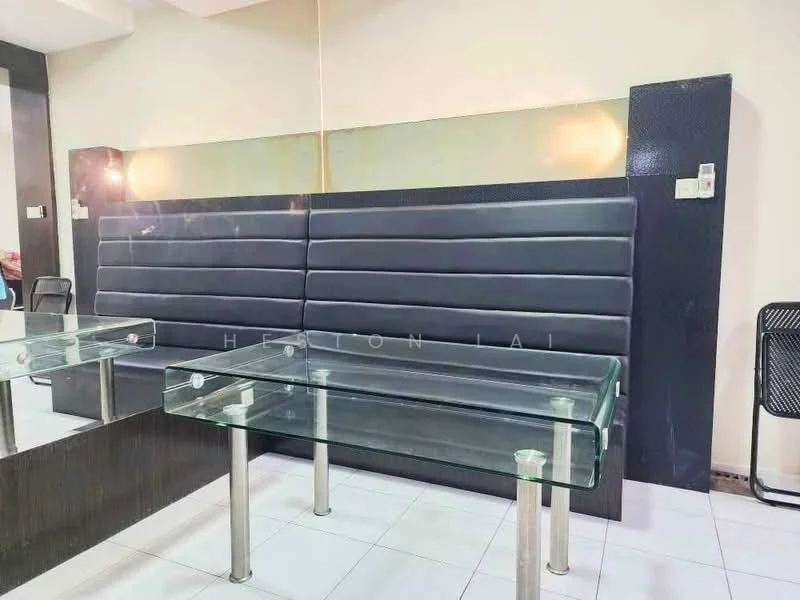 Room features: black upholstered bench seating, glass coffee table, white tiled flooring, mirrored wall, wall-mounted light fixtures, dark wood paneling, neutral wall color; style: modern.