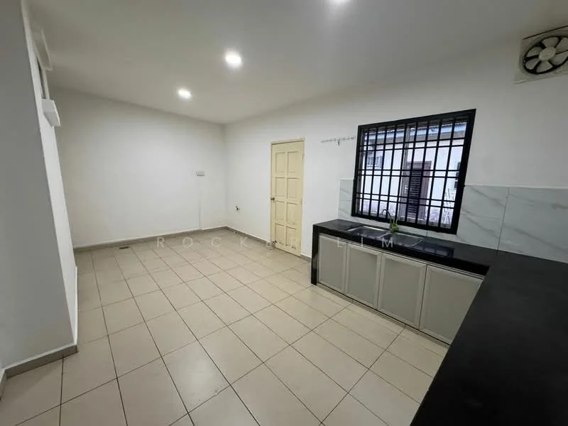 Kitchen features: white painted walls, tile flooring, black countertop, stainless-steel sink, single-bowl stainless-steel sink, cabinetry with grey finish, window with security bars, ceiling fan, recessed downlights; style: modern.