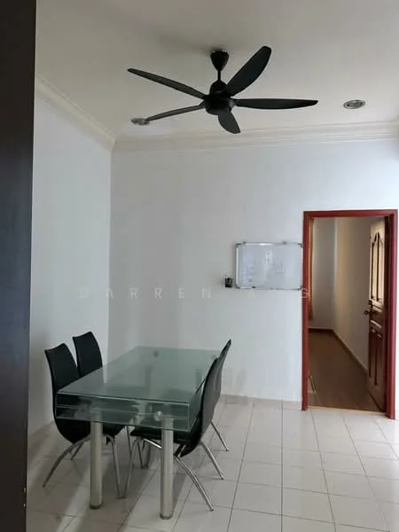 Dining features: glass dining table, 4 black dining chairs, white painted walls, tile flooring, 5-blade ceiling fan, recessed lighting, doorway leading to hallway; style: modern.