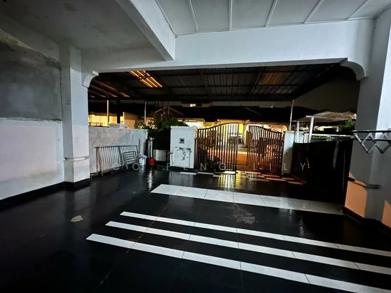 Exterior features: paved flooring with black and white stripes, covered parking area, metal gates, security lighting, surrounding walls, roof structure, visible parking spaces; style: modern.