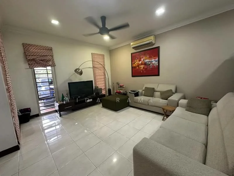 Living features: 3-seater fabric sofa in light grey, 2-seater fabric sofa in beige, coffee table, TV console, wall-mounted TV, area rug, 5-blade ceiling fan with light, recessed LED downlights, window with sheer curtains, tile flooring, air conditioning unit; style: modern.