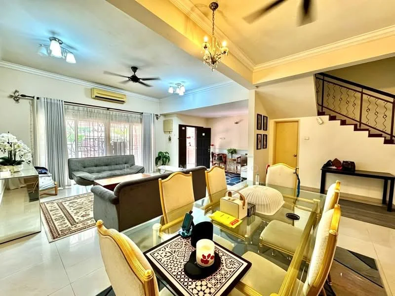 Dining features: 6-seater dining table, upholstered dining chairs, chandelier, recessed downlights, white painted walls, marble tile flooring, decorative mirror, houseplants in ceramic pots, area rug with geometric pattern; style: modern. Living features: 3-seater fabric sofa in grey, 2-seater fabric sofa, coffee table, wall-mounted TV, ceiling fan, white painted walls, marble tile flooring, decorative artwork; style: modern.