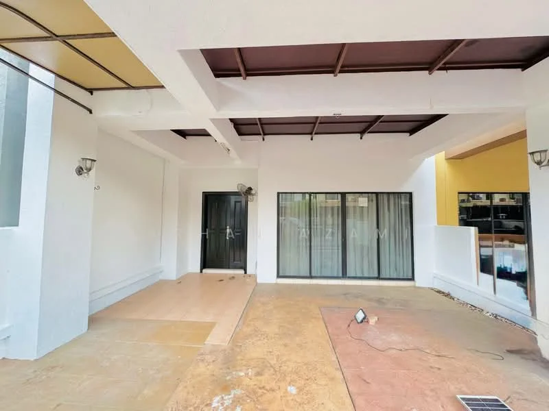 Room features: white painted walls, exposed ceiling beams, large sliding glass door, floor-to-ceiling windows, light fixture on the floor, textured flooring, outdoor space, covered area; style: modern.